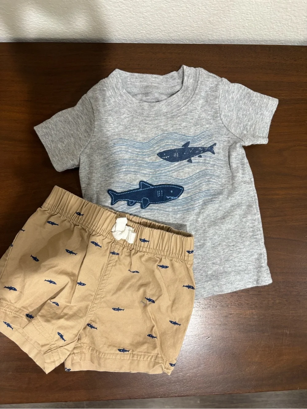 Carter's Gray Tee with Blue Shark Graphic and Tan Shark Print Shorts